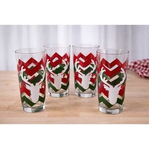 New Vintage Lot Of 4 Libbey White Stag in Red Green Chevron Glass‎ Tumblers